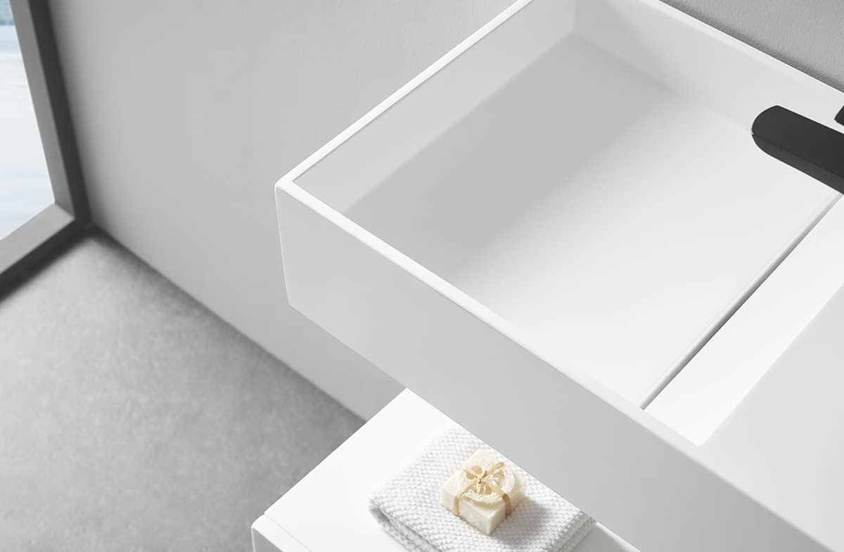 Serene Valley Floating or Countertop Bathroom Sink, Side Faucet with Square Sink and Hidden Drain, 40" Solid Surface Material in Matte White, SVWS613 - 40WH - Serene Valley