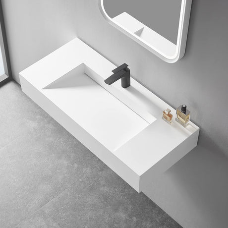 Serene Valley Floating or Countertop Bathroom Sink, Special Wedge with Hidden Drain Design, 40" Solid Surface Material in Matte White, SVWS611 - 40WH - Serene Valley