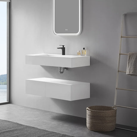 Serene Valley Floating or Countertop Bathroom Sink, Special Wedge with Hidden Drain Design, 40" Solid Surface Material in Matte White, SVWS611 - 40WH - Serene Valley