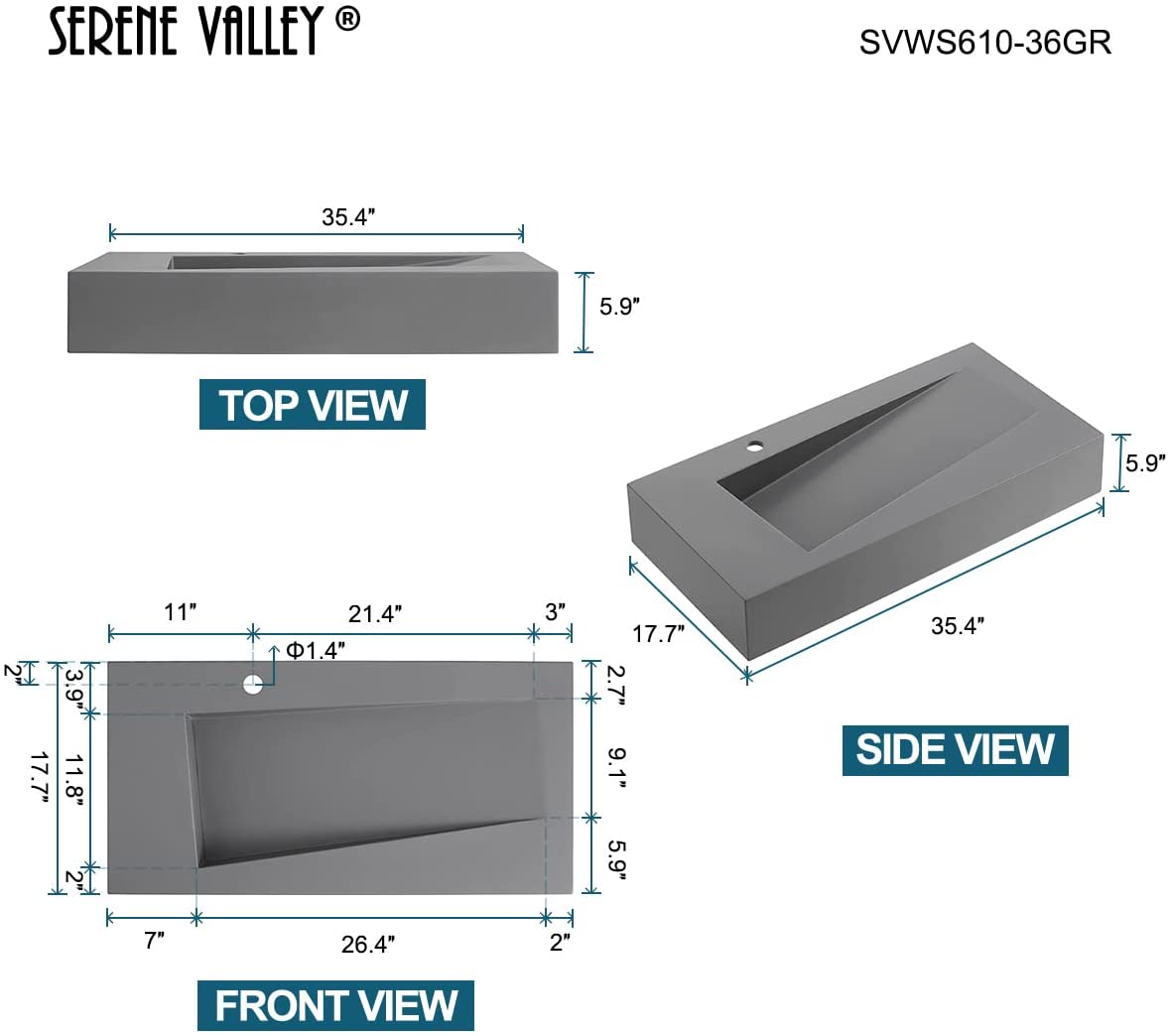 Serene Valley Floating or Countertop Bathroom Sink, Unique Diamond Sink with Hidden Drain, 36" Solid Surface Material in Matte Gray, SVWS610 - 36GR - Serene Valley