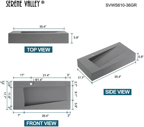 Serene Valley Floating or Countertop Bathroom Sink, Unique Diamond Sink with Hidden Drain, 36" Solid Surface Material in Matte Gray, SVWS610 - 36GR - Serene Valley