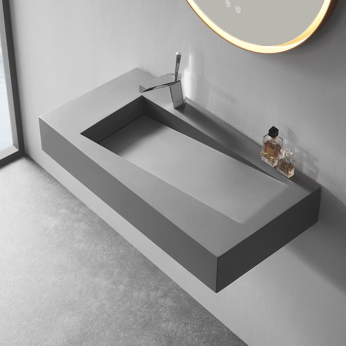 Serene Valley Floating or Countertop Bathroom Sink, Unique Diamond Sink with Hidden Drain, 36" Solid Surface Material in Matte Gray, SVWS610 - 36GR - Serene Valley