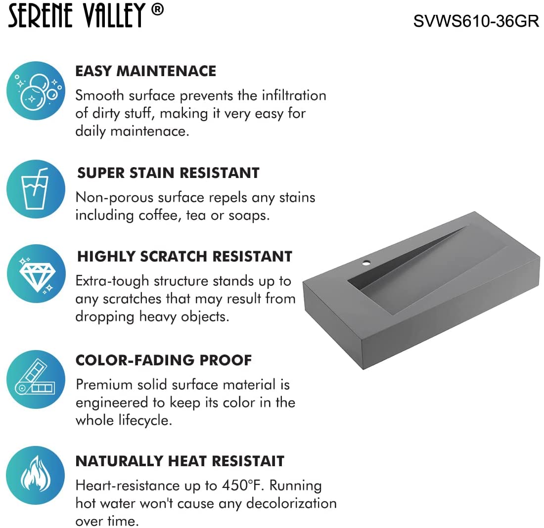 Serene Valley Floating or Countertop Bathroom Sink, Unique Diamond Sink with Hidden Drain, 36" Solid Surface Material in Matte Gray, SVWS610 - 36GR - Serene Valley