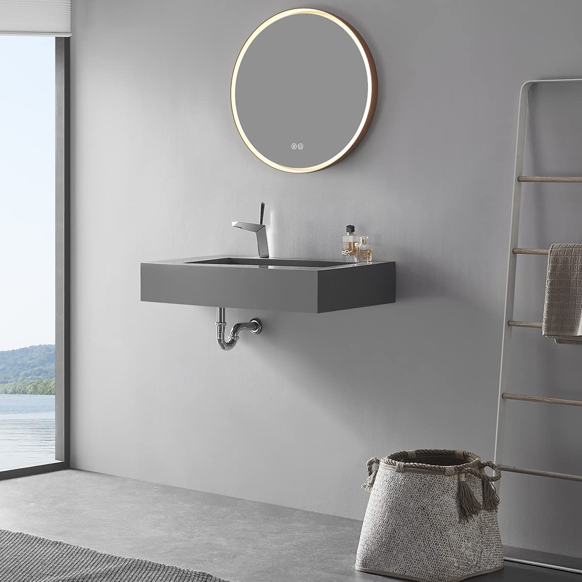 Serene Valley Floating or Countertop Bathroom Sink, Unique Diamond Sink with Hidden Drain, 36" Solid Surface Material in Matte Gray, SVWS610 - 36GR - Serene Valley