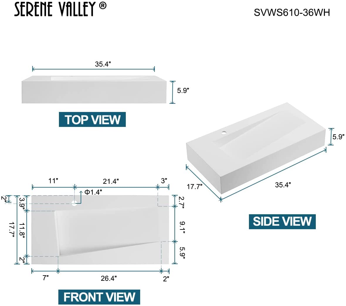 Serene Valley Floating or Countertop Bathroom Sink, Unique Diamond Sink with Hidden Drain, 36" Solid Surface Material in Matte White, SVWS610 - 36WH - Serene Valley