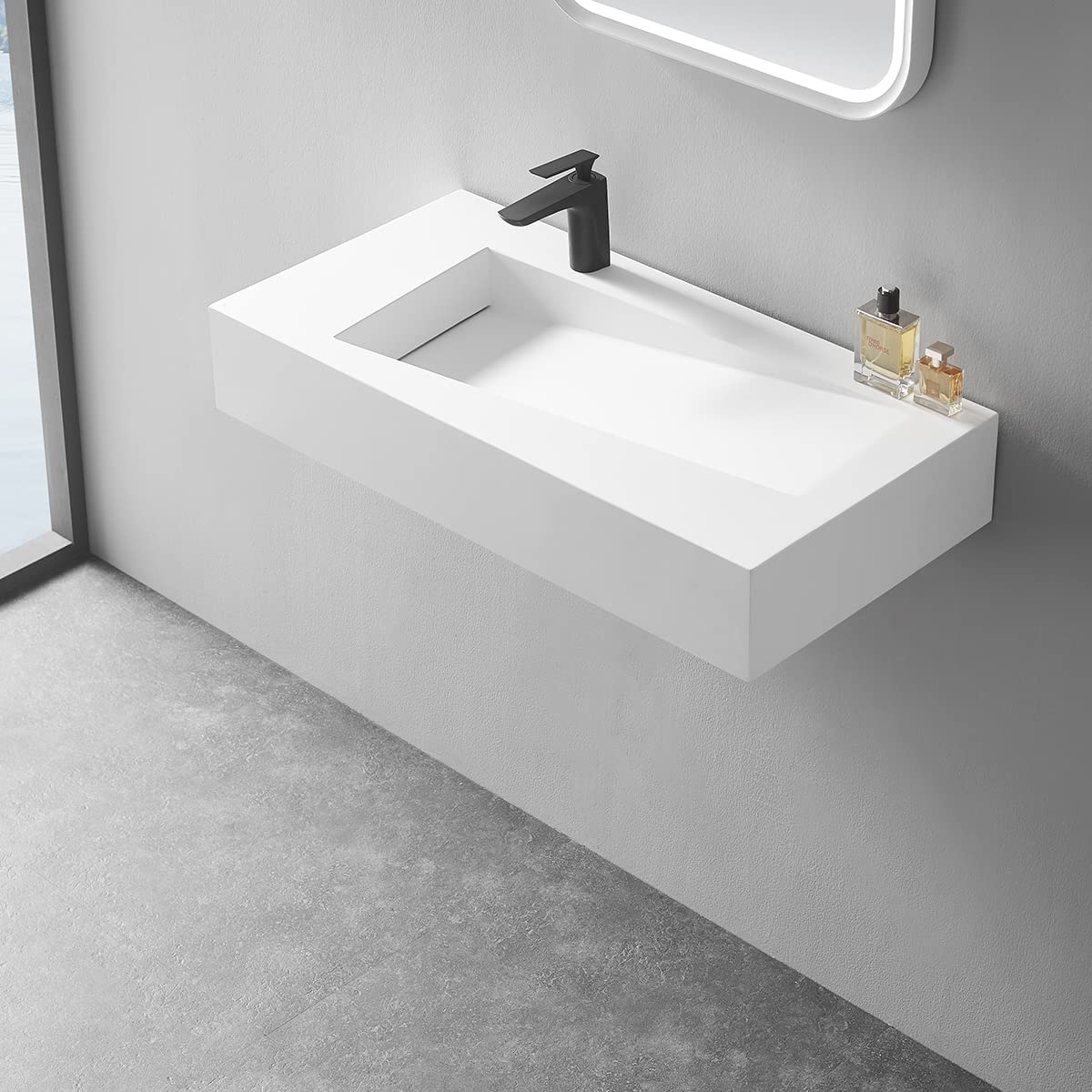 Serene Valley Floating or Countertop Bathroom Sink, Unique Diamond Sink with Hidden Drain, 36" Solid Surface Material in Matte White, SVWS610 - 36WH - Serene Valley