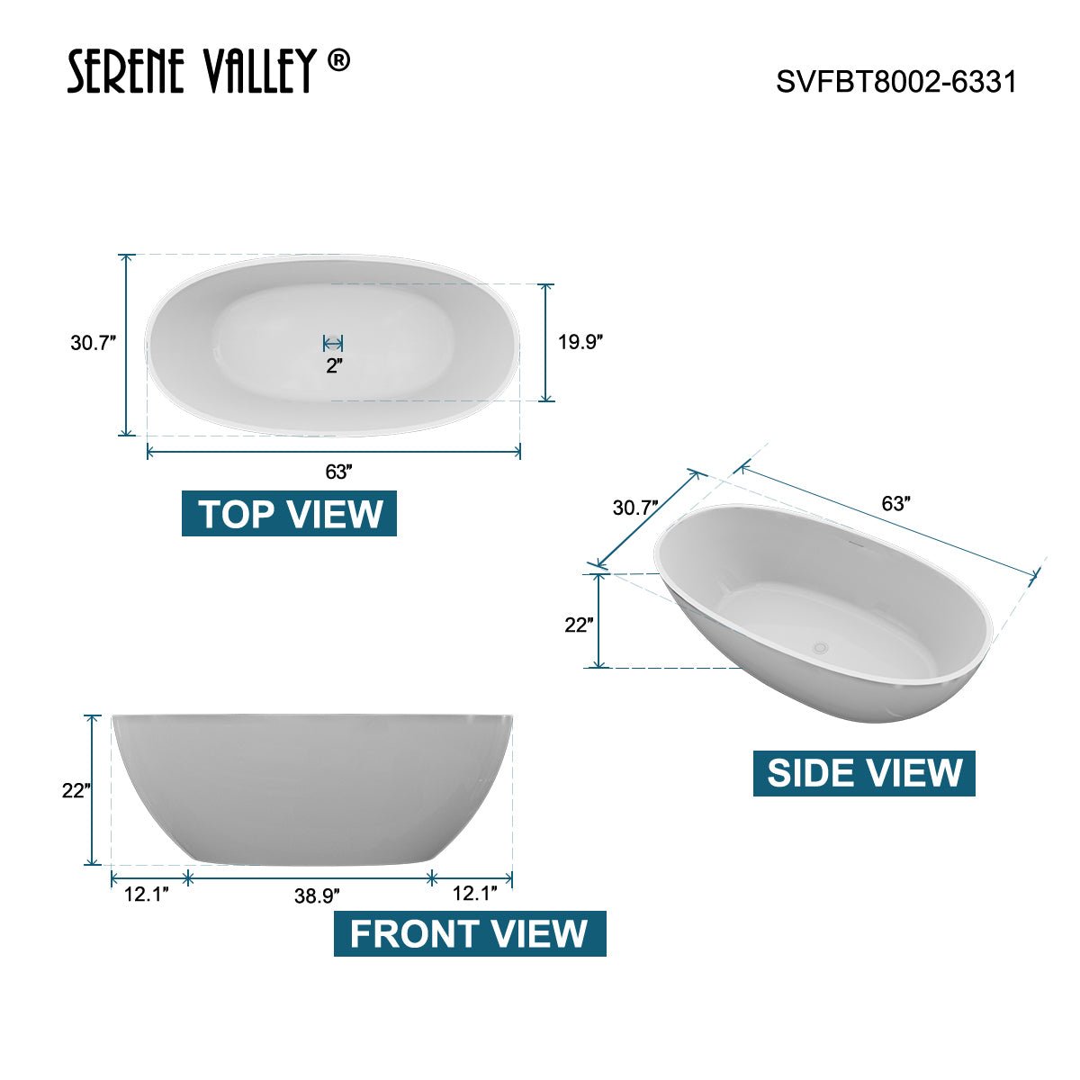 Serene Valley Freestanding Bathtub SVFBT8002 - 6331, Made of Pure Solid Surface Material with Drain, 63" L x 30.7" W Matte White, Hand Polished and Easy Maintenace - Serene Valley