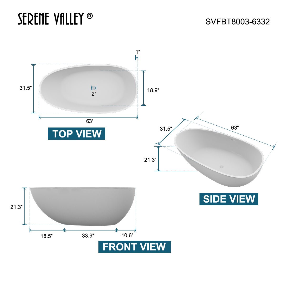 Serene Valley Freestanding Bathtub SVFBT8003 - 6332, Made of Pure Solid Surface Material with Drain, 63" L x 31.5" W Matte White, Hand Polished and Easy Maintenace - Serene Valley