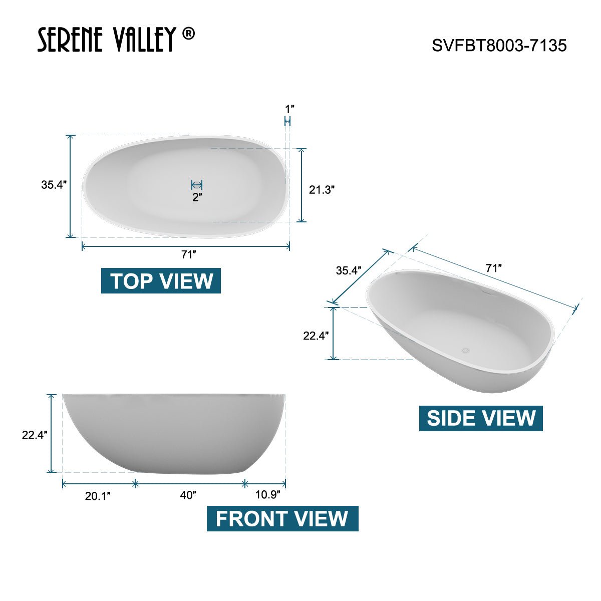 Serene Valley Freestanding Bathtub SVFBT8003 - 7135, Made of Pure Solid Surface Material with Drain, 71" L x 35.4" W Matte White, Hand Polished and Easy Maintenace - Serene Valley