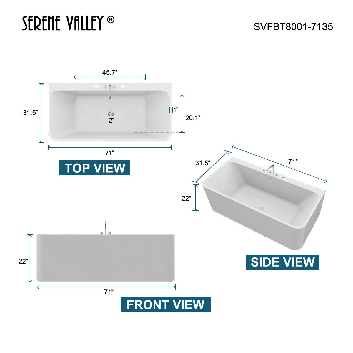 Serene Valley Freestanding Bathtub SVFBT8004 - 7135, Made of Pure Solid Surface Material with Drain, 71" L x 35" W Matte White, Hand Polished and Easy Maintenace - Serene Valley