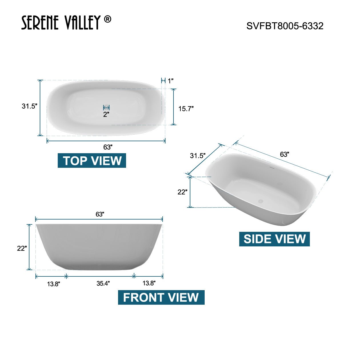 Serene Valley Freestanding Bathtub SVFBT8005 - 6332, Made of Pure Solid Surface Material with Drain, 63" L x 31.5" W Matte White, Hand Polished and Easy Maintenace - Serene Valley