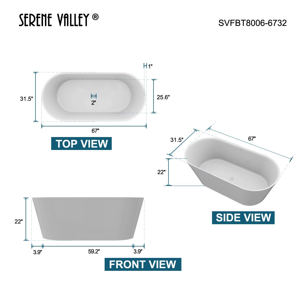 Serene Valley Freestanding Bathtub SVFBT8006 - 6732, Made of Pure Solid Surface Material with Drain, 67" L x 31.5" W Matte White, Hand Polished and Easy Maintenace - Serene Valley