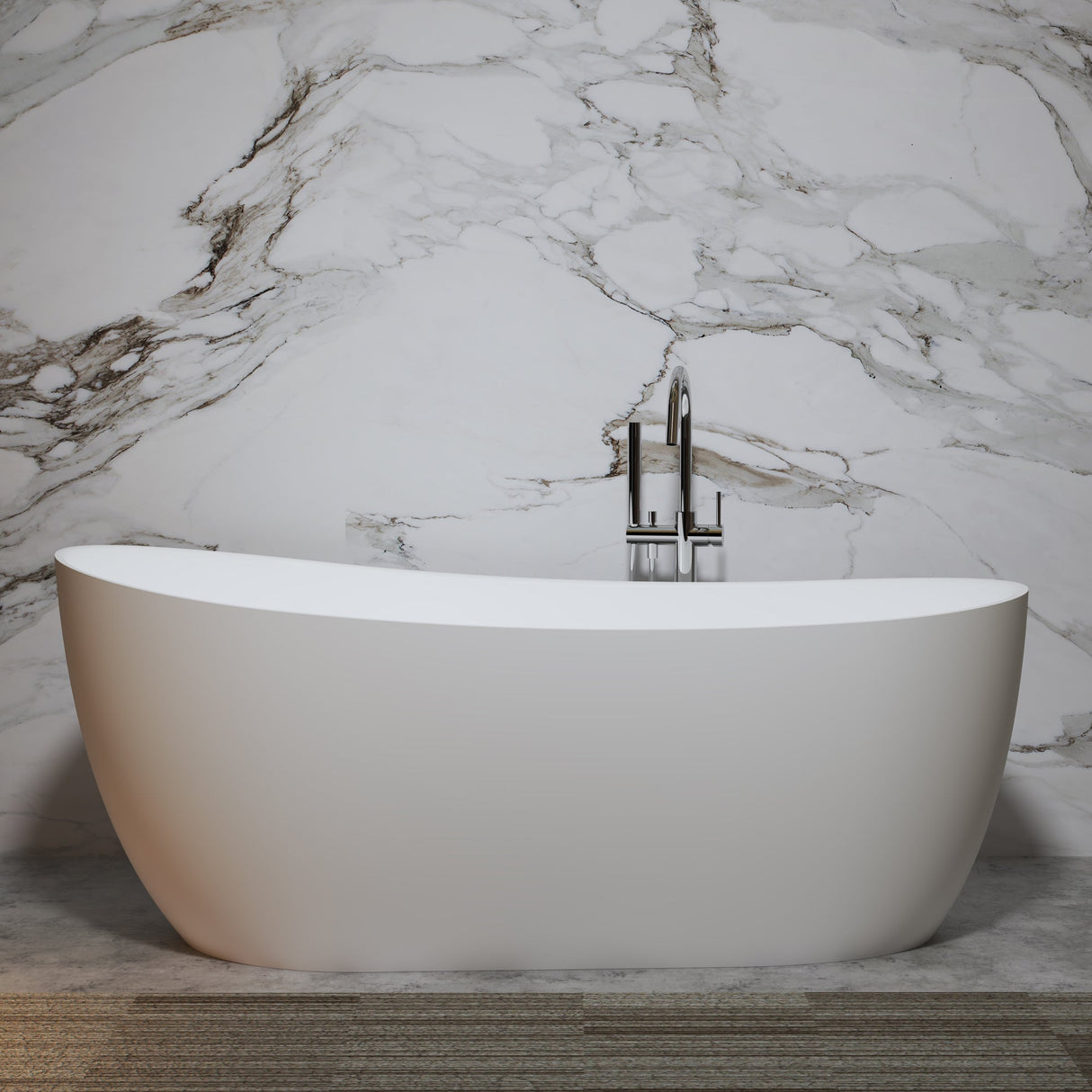 Serene Valley Freestanding Bathtub SVFBT8007 - 6332, Made of Pure Solid Surface Material with Drain, 63" L x 31.5" W Matte White, Hand Polished and Easy Maintenace - Serene Valley