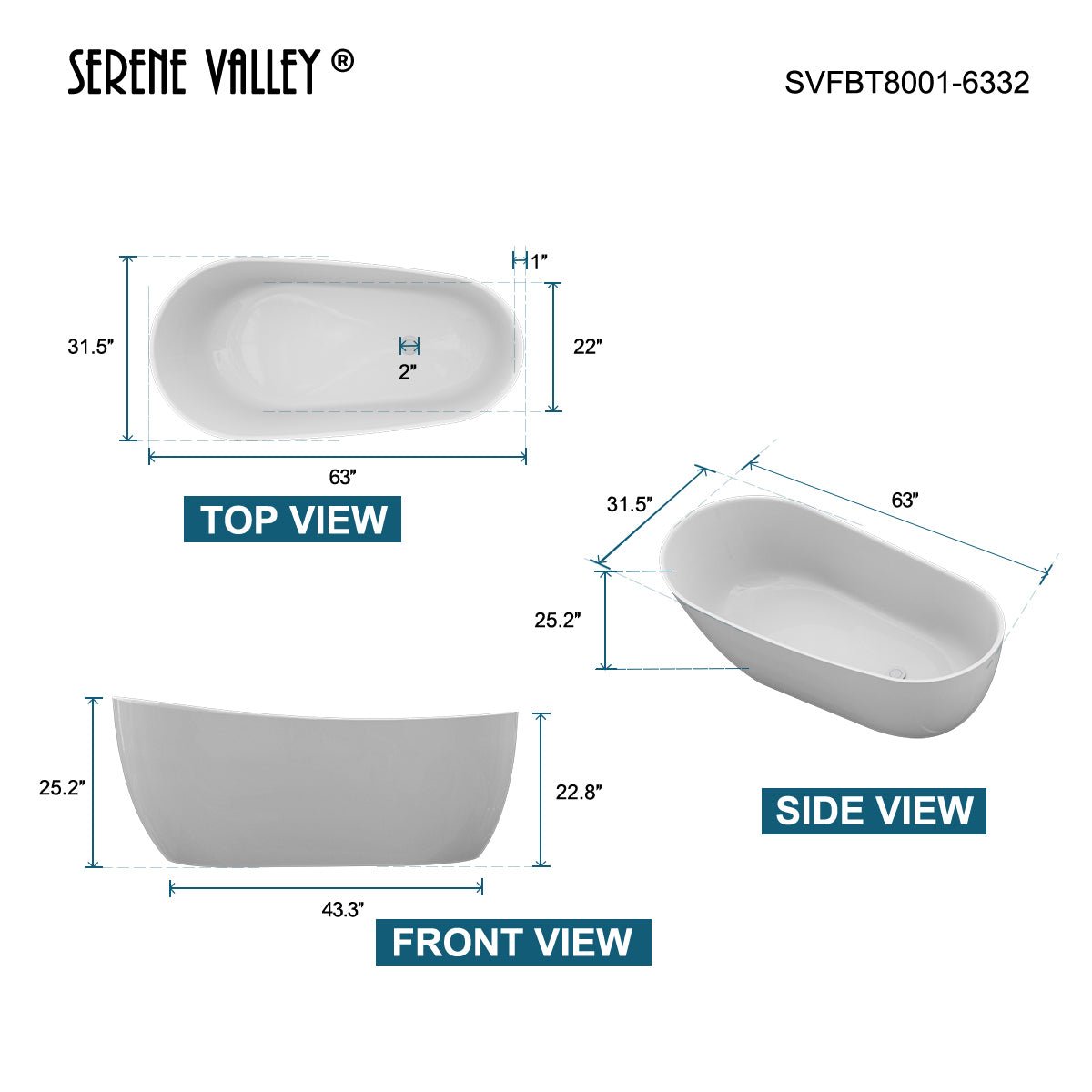 Serene Valley Freestanding Bathtub SVFBT8007 - 6332, Made of Pure Solid Surface Material with Drain, 63" L x 31.5" W Matte White, Hand Polished and Easy Maintenace - Serene Valley