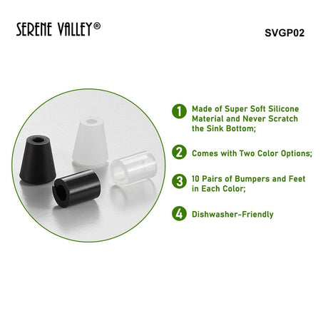 Serene Valley Replacement Feet and Bumpers for Stainless Steel Sink Grid SVGP02, Supersoft Silicone Material, Both Black and Clear Color Sets Included - Serene Valley