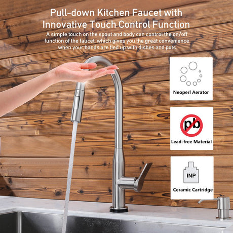 Serene Valley Rowland Touch Sensor with Pull - Down Sprayer Kitchen Faucet, Single Lever Handle with Deck Plate, Stainless Steel Finish STK210ST - Serene Valley