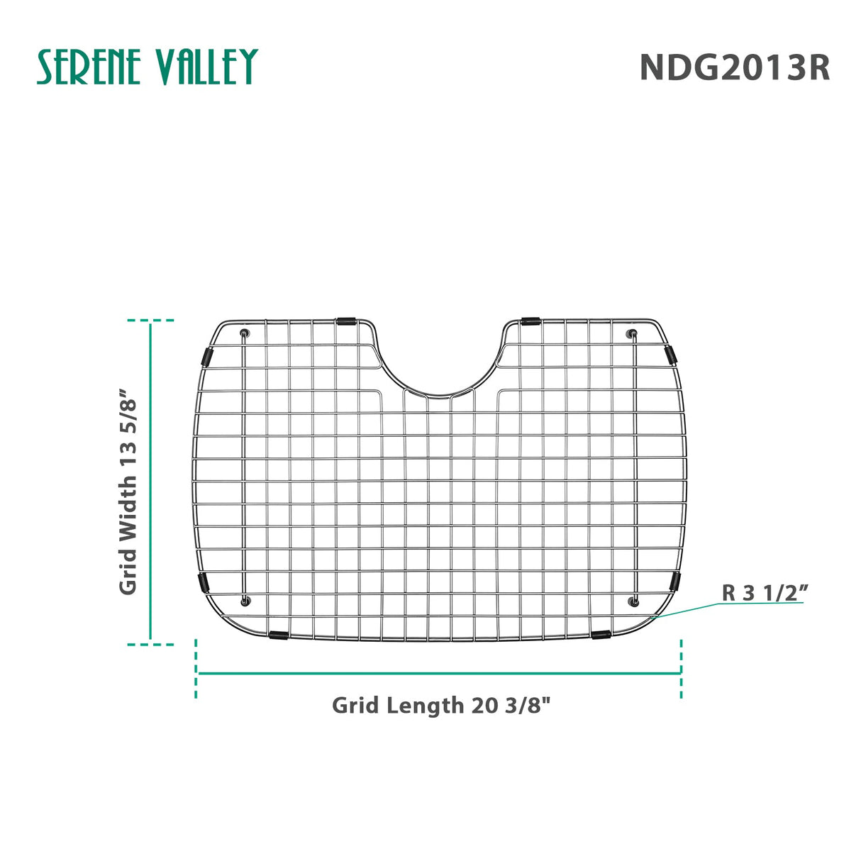 Serene Valley Sink Bottom Grid 20 - 3/8" x 13 - 5/8", Rear Drain with Radius 3 - 1/2", Sink Grid Stainless Steel NDG2013R. - Serene Valley