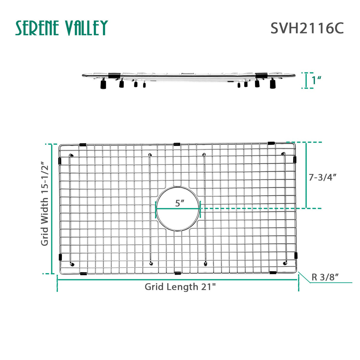 Serene Valley Sink Bottom Grid 21" X 15 - 1/2", Centered Drain with Corner Radius 3/8", Sink Protector SVH2116C - Serene Valley