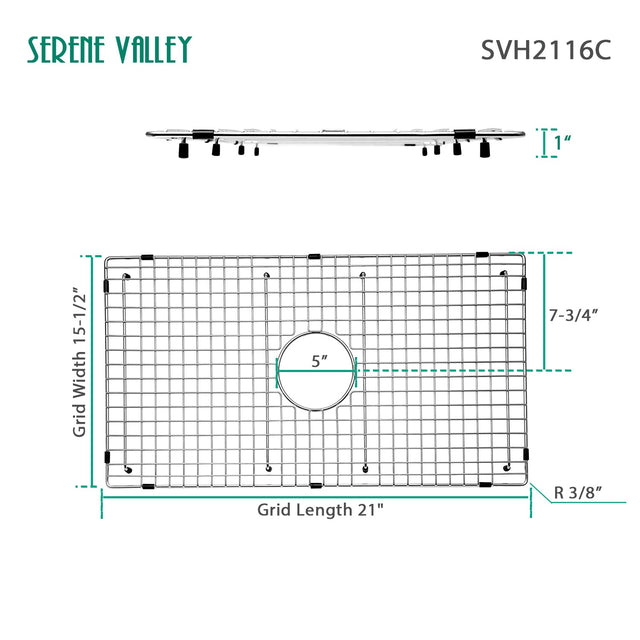 Serene Valley Sink Bottom Grid 21" X 15 - 1/2", Centered Drain with Corner Radius 3/8", Sink Protector SVH2116C - Serene Valley