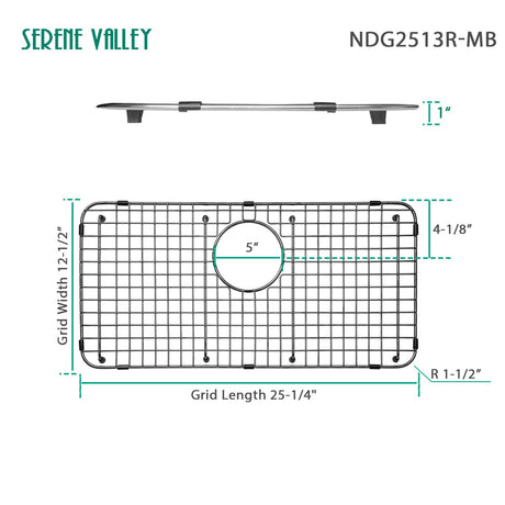 Serene Valley Sink Bottom Grid 25 - 1/4" X 12 - 1/2“, Matte Black Color, Rear Drain with Corner Radius 1 - 1/2", Sink Protector NDG2513R - MB - Serene Valley
