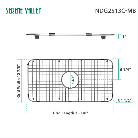 Serene Valley Sink Bottom Grid 25 - 1/8" x 12 - 7/8", Matte Black Color, Centered Drain with Corner Radius 1 - 1/2", Sink Grid Stainless Steel NDG2513C - MB - Serene Valley