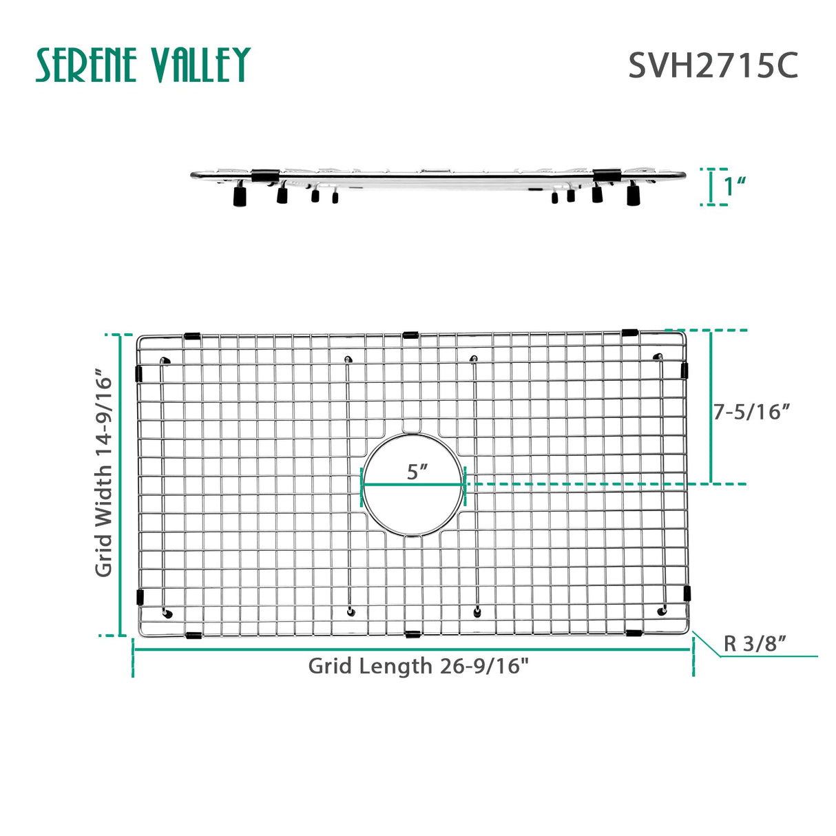 Serene Valley Sink Bottom Grid 26 - 9/16" X 14 - 7/16", Centered Drain with Corner Radius 3/8", Sink Protector SVH2715C - Serene Valley