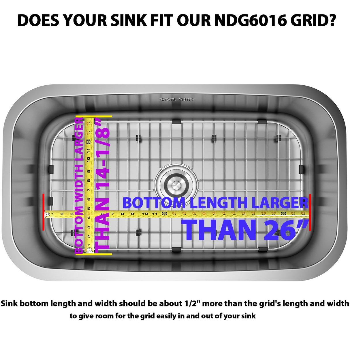 Serene Valley Sink Bottom Grid 26" x 14 - 1/8", Centered Drain with Corner Radius 3 - 1/2", NDG6016 - Serene Valley