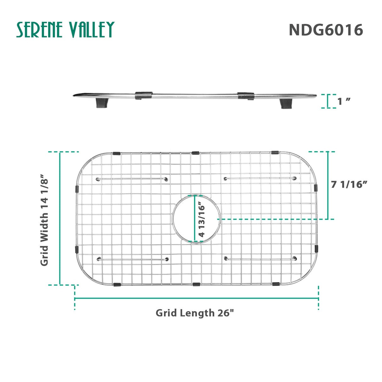 Serene Valley Sink Bottom Grid 26" x 14 - 1/8", Centered Drain with Corner Radius 3 - 1/2", NDG6016 - Serene Valley