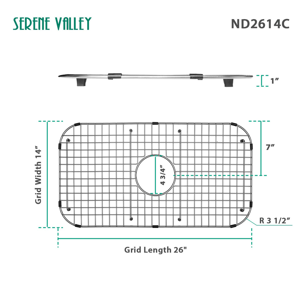 Serene Valley Sink Bottom Grid 26" x 14", Centered Drain with Corner Radius 3 - 1/2", ND2614C - Serene Valley