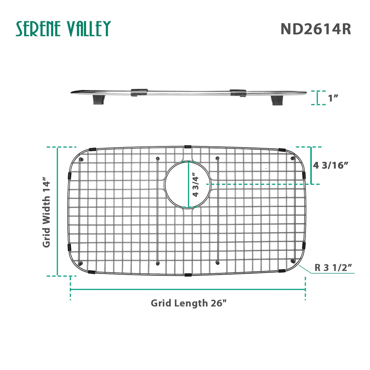 Serene Valley Sink Bottom Grid 26" x 14", Rear Drain with Corner Radius 3 - 1/2", ND2614R - Serene Valley