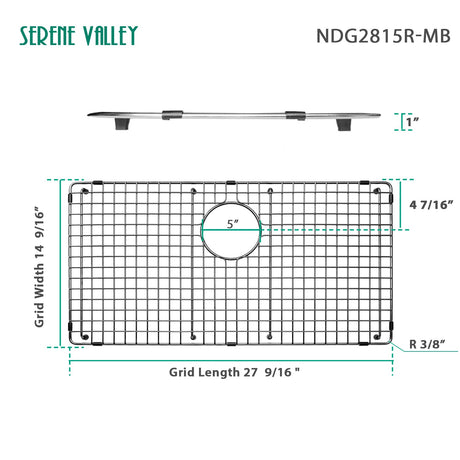 Serene Valley Sink Bottom Grid 27 - 9/16" x 14 - 9/16", Matte Black Color, Rear Drain with Corner Radius 3/16", Kitchen Sink Protector NDG2815R - MB - Serene Valley