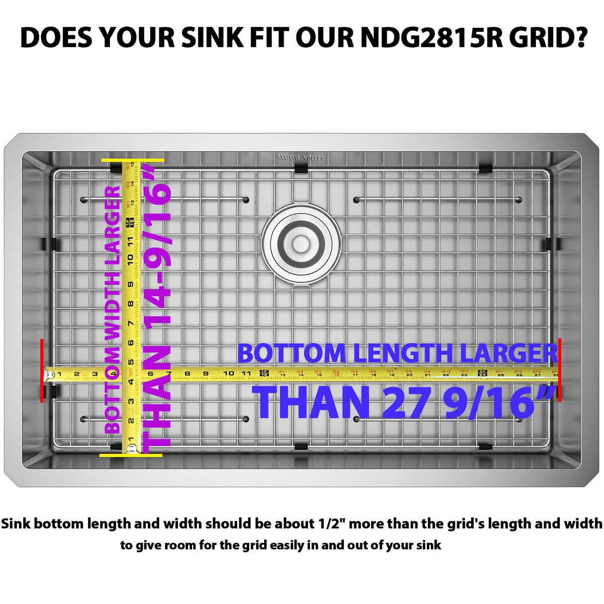 Serene Valley Sink Bottom Grid 27 - 9/16" x 14 - 9/16", Rear Drain with Corner Radius 3/16", Kitchen Sink Protector NDG2815R - Serene Valley