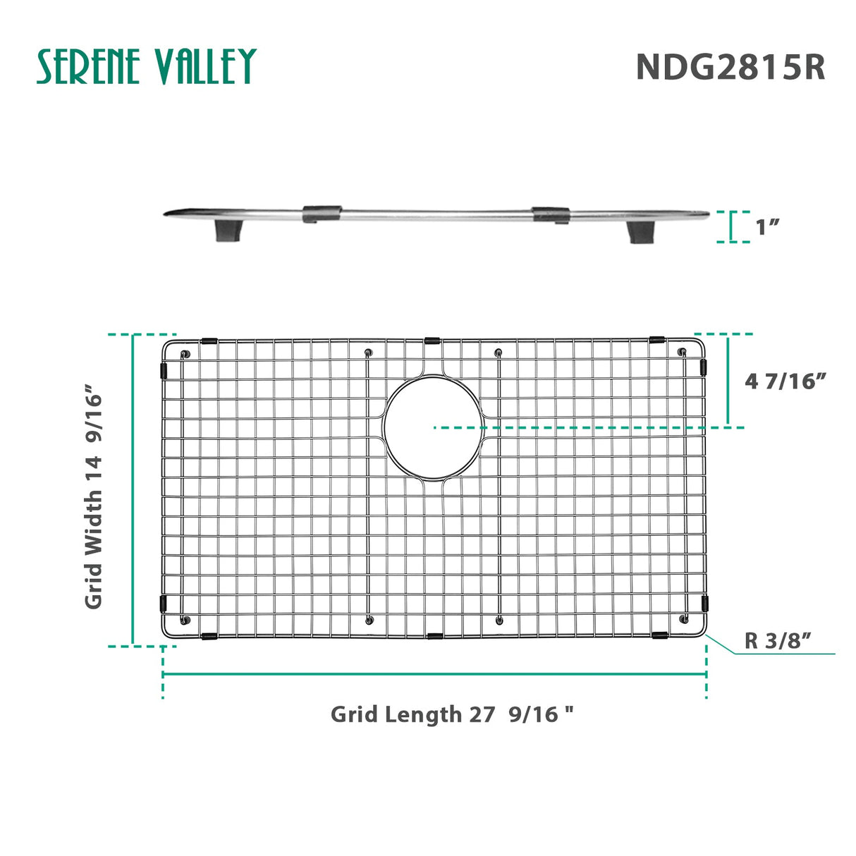 Serene Valley Sink Bottom Grid 27 - 9/16" x 14 - 9/16", Rear Drain with Corner Radius 3/16", Kitchen Sink Protector NDG2815R - Serene Valley