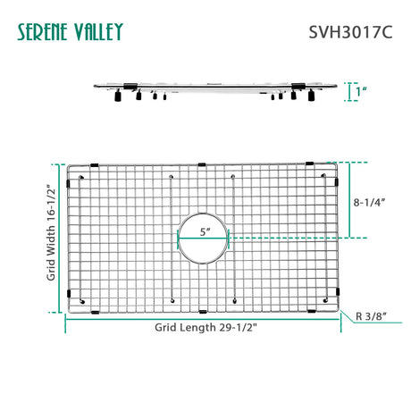 Serene Valley Sink Bottom Grid 29 - 1/2" X 16 - 1/2", Centered Drain with Corner Radius 3/8", Sink Protector SVH3017C - Serene Valley