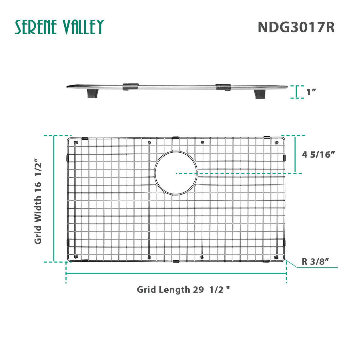 Serene Valley Sink Bottom Grid 29 - 1/2" x 16 - 1/2", Rear Drain with Corner Radius 3/16", Sink Grids Stainless Steel NDG3017R - Serene Valley