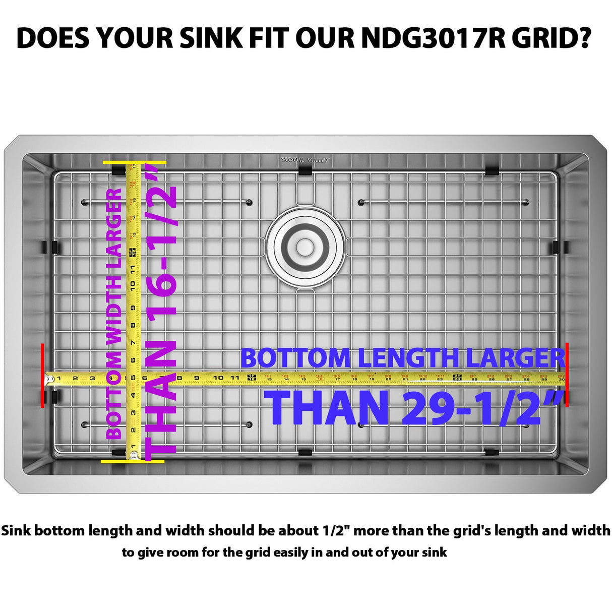 Serene Valley Sink Bottom Grid 29 - 1/2" x 16 - 1/2", Rear Drain with Corner Radius 3/16", Sink Grids Stainless Steel NDG3017R - Serene Valley