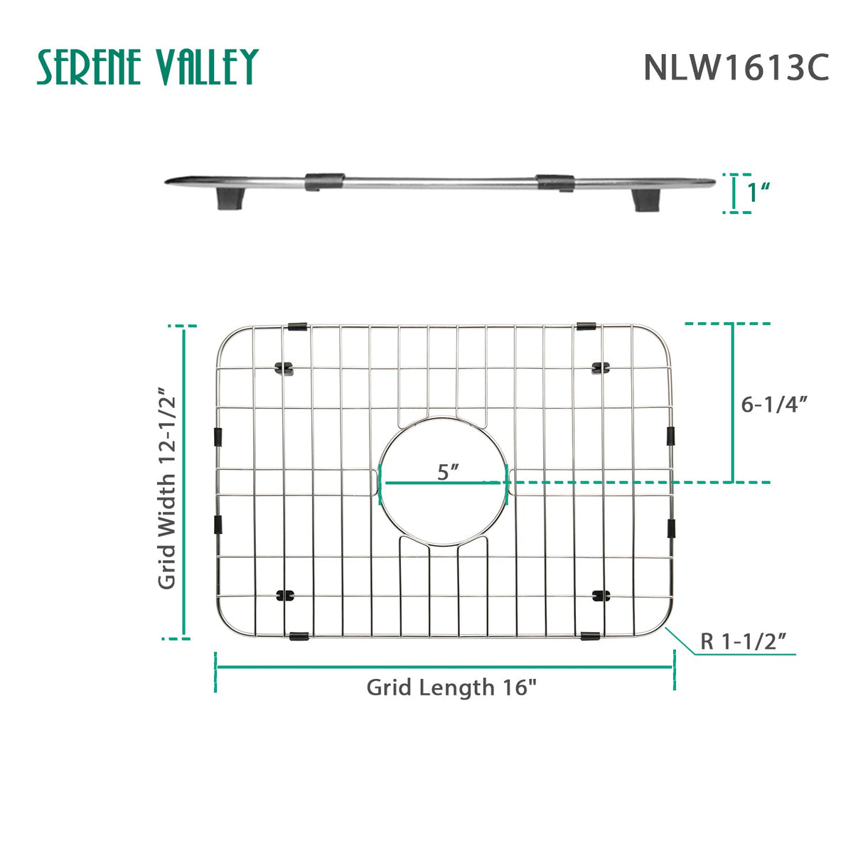 Serene Valley Sink Grid 16" X 12 - 1/2", Centered Drain with Corner Radius 1 - 1/2", NLW1613C - Serene Valley