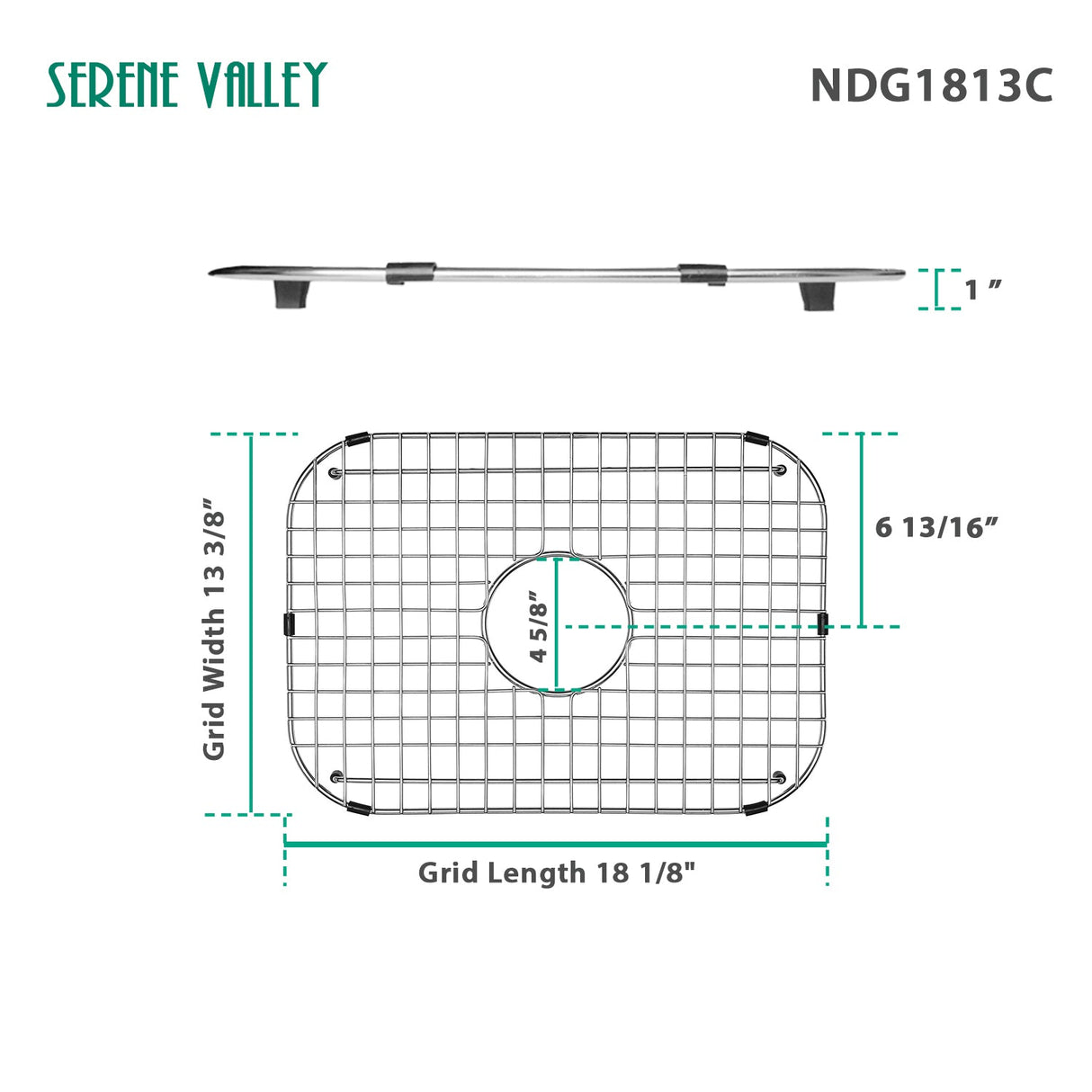 Serene Valley Sink Grid 18 - 1/8" L x 13 - 3/8" W, Centered Drain with Corner Radius 3 - 1/2", NDG1813C - Serene Valley