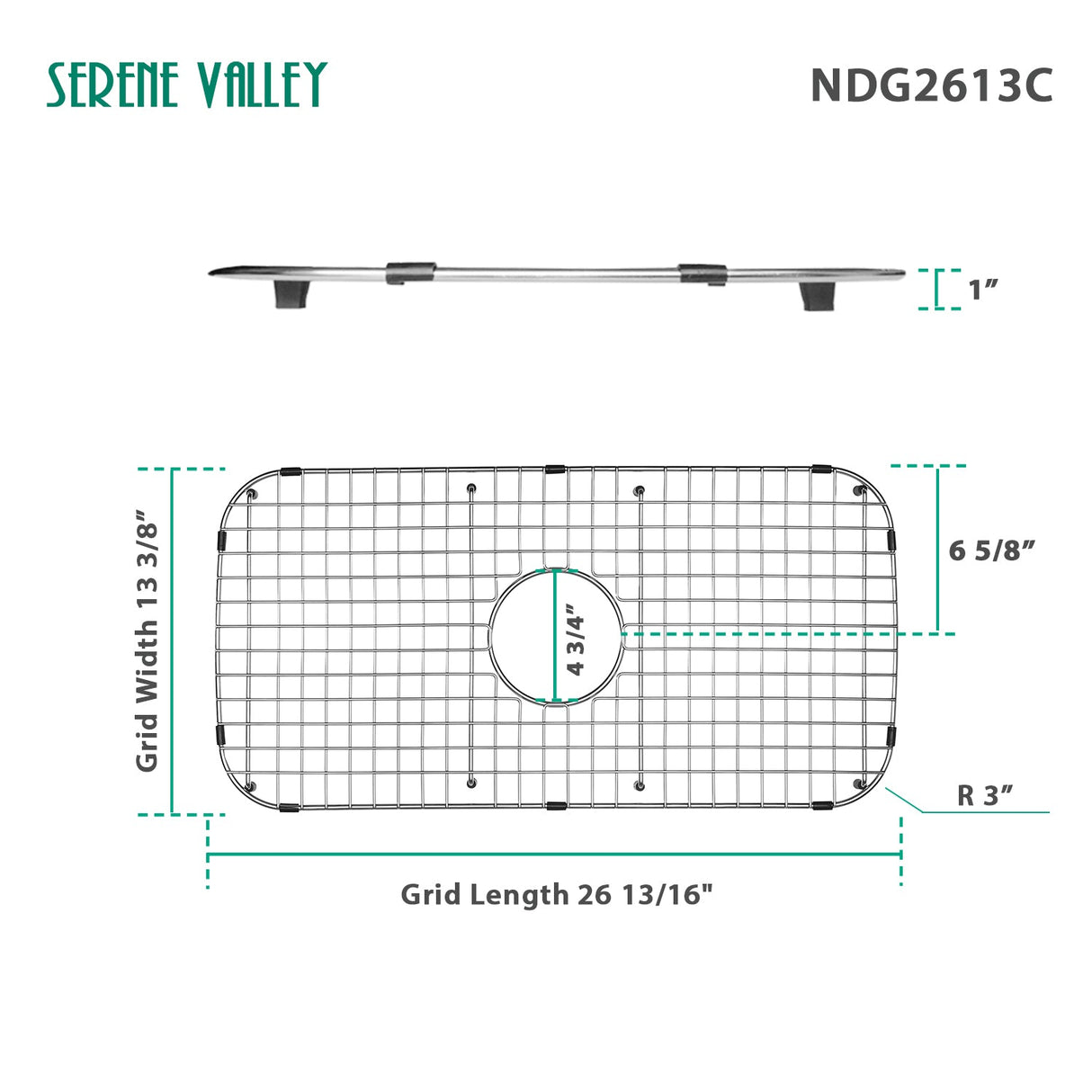 Serene Valley Sink Grid 26 - 13/16" x 13 - 3/8", Centered Drain with Corner Radius 3", NDG2613C - Serene Valley