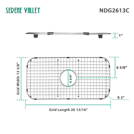 Serene Valley Sink Grid 26 - 13/16" x 13 - 3/8", Centered Drain with Corner Radius 3", NDG2613C - Serene Valley