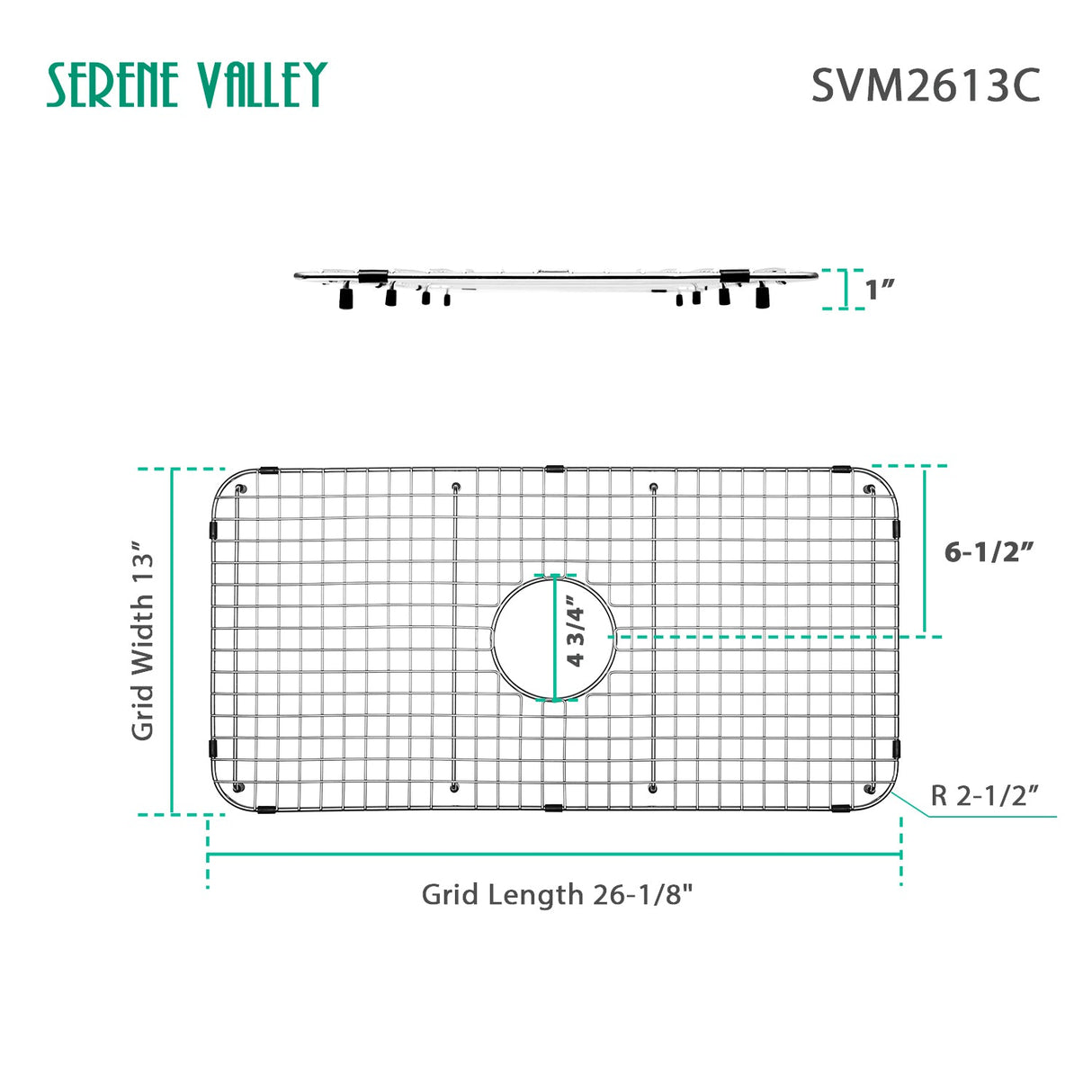 Serene Valley Sink Grid 26 - 1/8" X 13", Centered Drain with Corner Radius 2 - 1/2", SVM2613C - Serene Valley