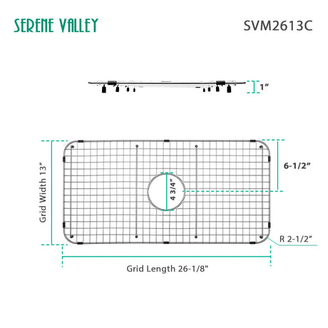 Serene Valley Sink Grid 26 - 1/8" X 13", Centered Drain with Corner Radius 2 - 1/2", SVM2613C - Serene Valley