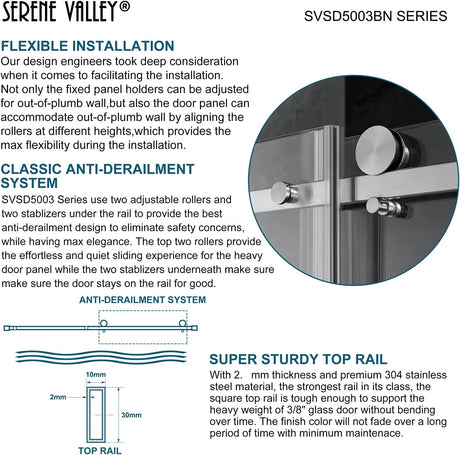 Serene Valley Square Rail Frameless Sliding Shower Door SVSD5003 - 4874BN, Easy - Clean Coating 3/8" Tempered Glass - 304 Stainless Steel Hardware in Brushed Nickel 44" - 48"W x 74"H - Serene Valley