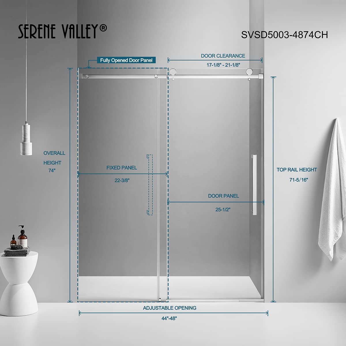 Serene Valley Square Rail Frameless Sliding Shower Door SVSD5003 - 4874CH, Easy - Clean Coating 3/8" Tempered Glass - 304 Stainless Steel Hardware in Chrome 44" - 48"W x 74"H - Serene Valley