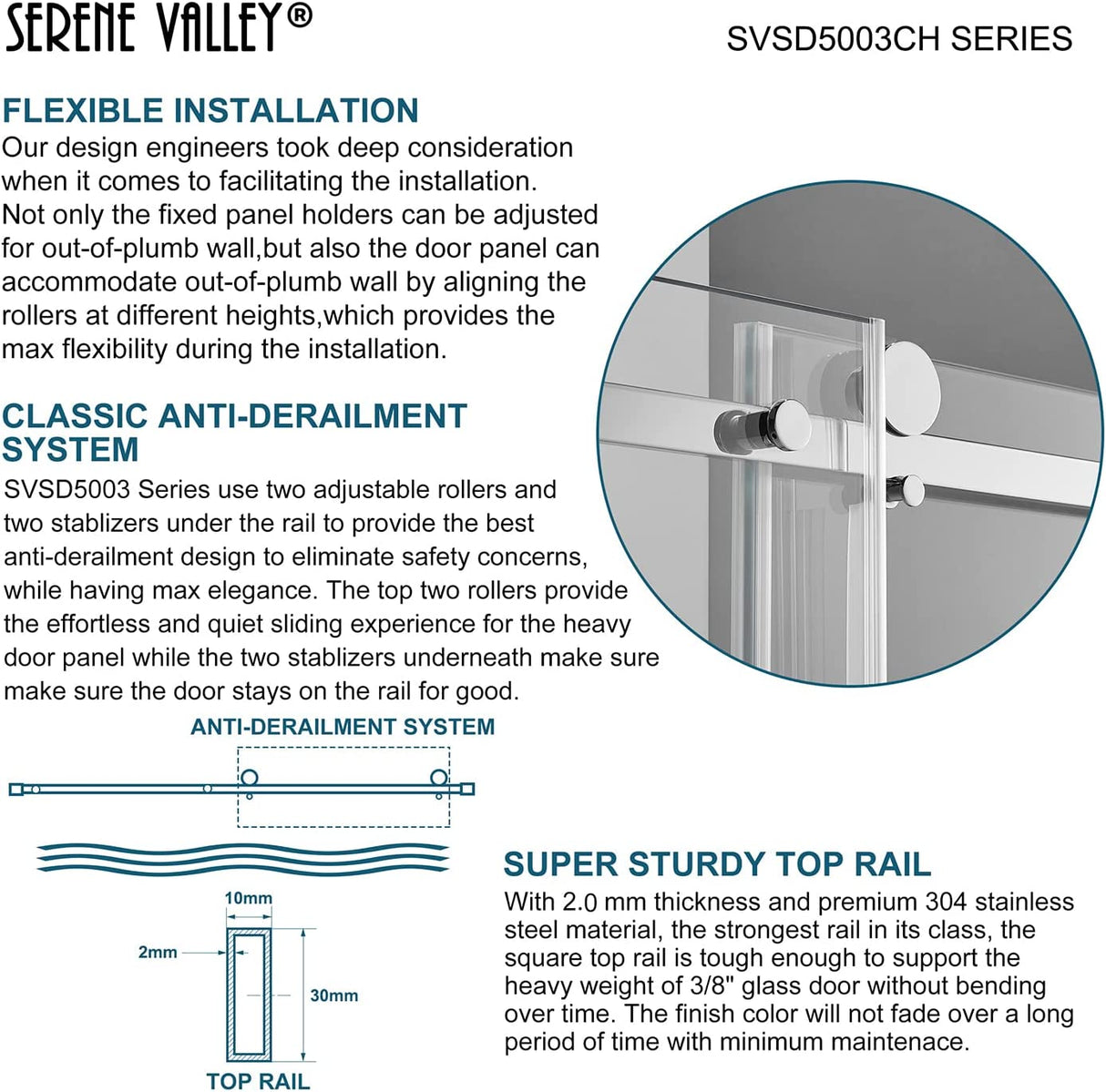 Serene Valley Square Rail Frameless Sliding Shower Door SVSD5003 - 4874CH, Easy - Clean Coating 3/8" Tempered Glass - 304 Stainless Steel Hardware in Chrome 44" - 48"W x 74"H - Serene Valley