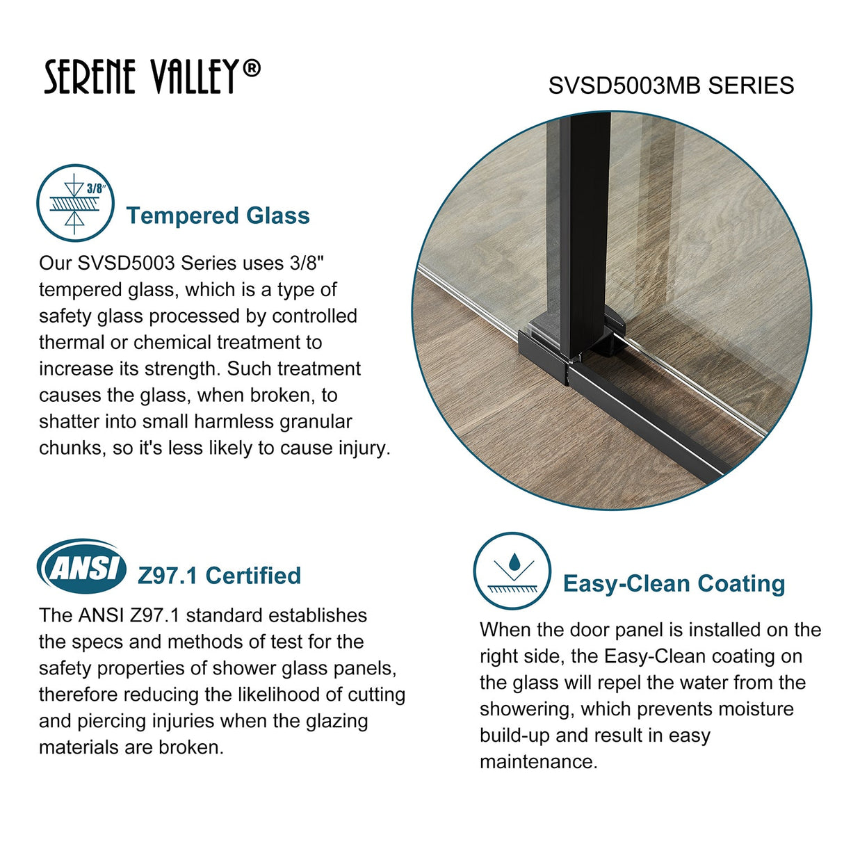 Serene Valley Square Rail Frameless Sliding Shower Door SVSD5003 - 4874MB, Easy - Clean Coating 3/8" Tempered Glass - 304 Stainless Steel Hardware in Matte Black 44" - 48"W x 74"H - Serene Valley