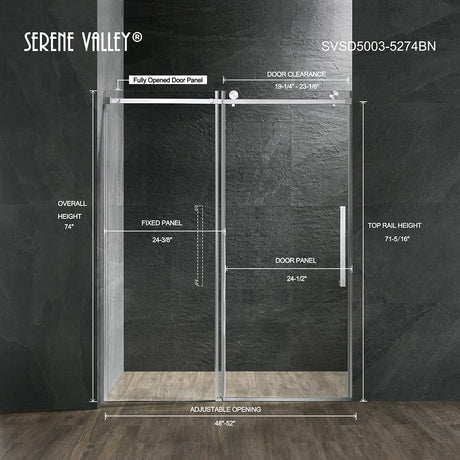 Serene Valley Square Rail Frameless Sliding Shower Door SVSD5003 - 5274BN, Easy - Clean Coating 3/8" Tempered Glass - 304 Stainless Steel Hardware in Brushed Nickel 48" - 52"W x 74"H - Serene Valley