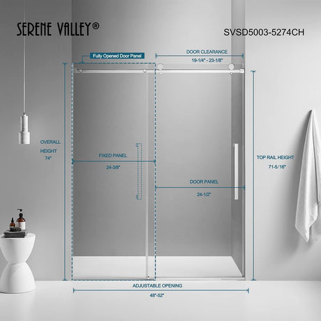 Serene Valley Square Rail Frameless Sliding Shower Door SVSD5003 - 5274CH, Easy - Clean Coating 3/8" Tempered Glass - 304 Stainless Steel Hardware in Chrome 48" - 52"W x 74"H - Serene Valley