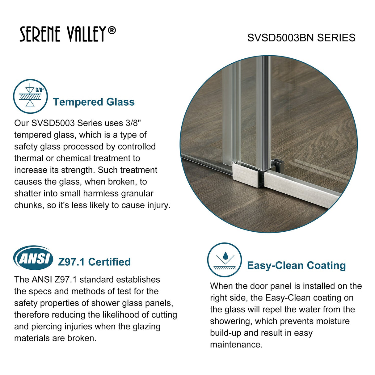 Serene Valley Square Rail Frameless Sliding Shower Door SVSD5003 - 6074BN, Easy - Clean Coating 3/8" Tempered Glass - 304 Stainless Steel Hardware in Brushed Nickel 56" - 60"W x 74"H - Serene Valley