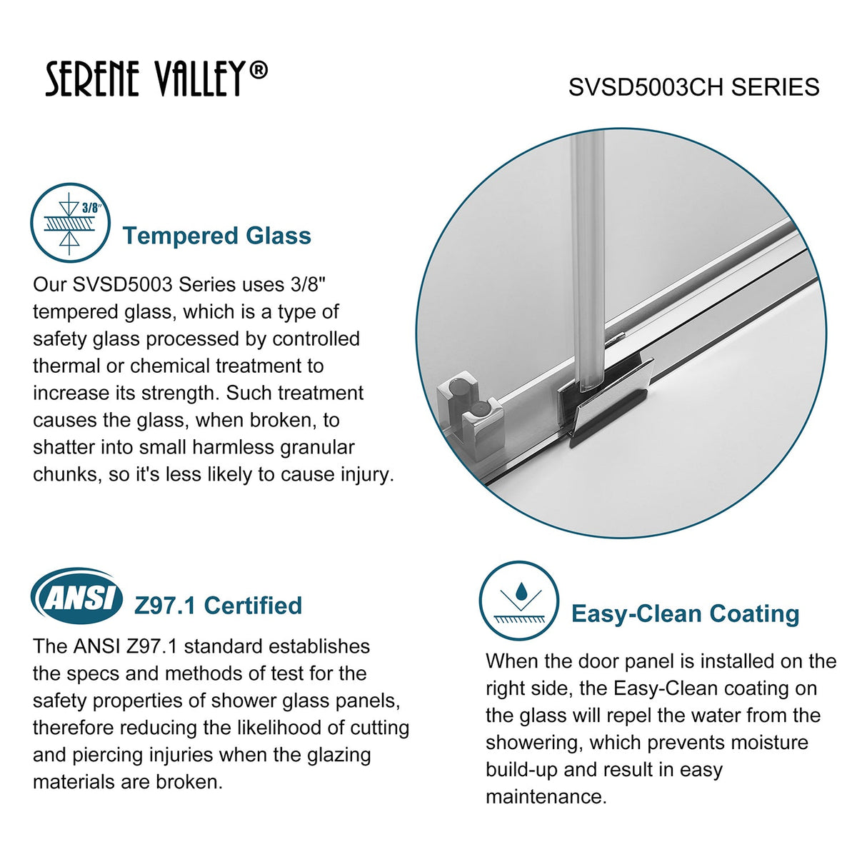 Serene Valley Square Rail Frameless Sliding Shower Door SVSD5003 - 6074CH, Easy - Clean Coating 3/8" Tempered Glass - 304 Stainless Steel Hardware in Chrome 56" - 60"W x 74"H - Serene Valley